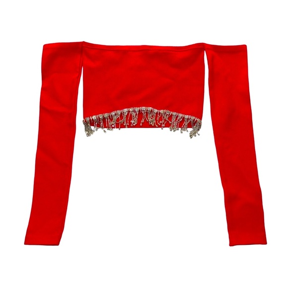 Red Off-Shoulder Top with Silver Fringe - Picture 1 of 2